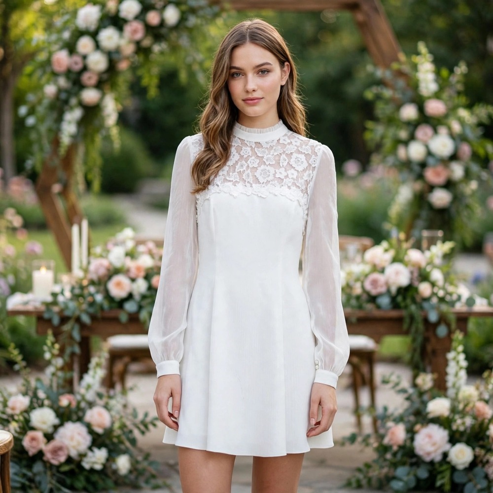 A.Peach White Lace Yoke Mock Neck Long Sleeve Mini Dress CD20907 Boho Bridal L